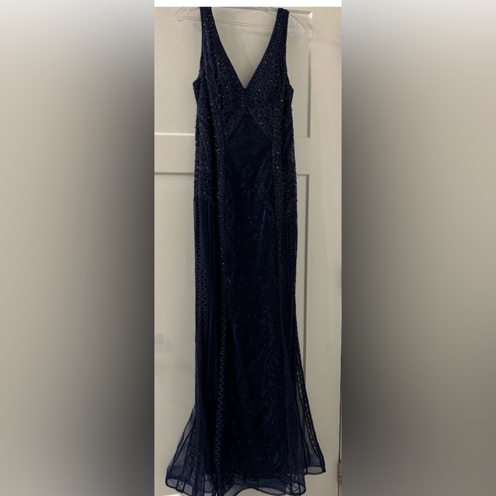 Montage by Mon Cheri Navy Blue Beaded V-Neck Evening Gown MOBride / MOGroom - Picture 4 of 7